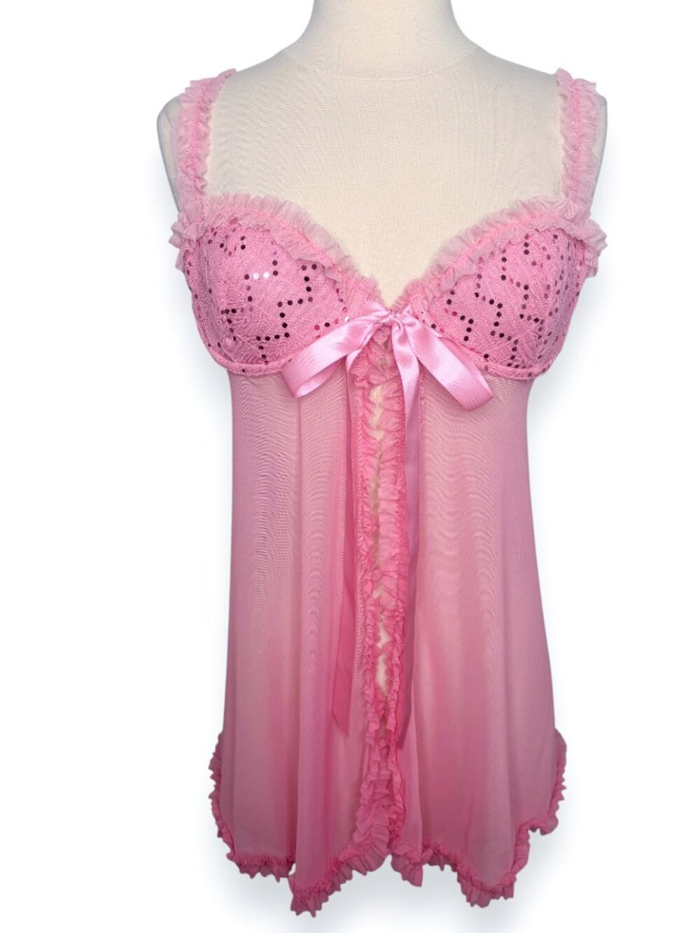 Victoria's Secret Sexy Little Things Y2K Pink Mesh Embellished Open Babydoll 36C